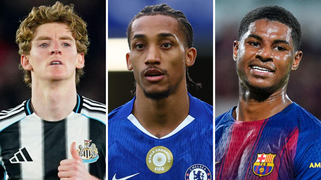 Kolase foto tiga pemain sepak bola: Anthony Gordon, Joao Pedro, dan Marcus Rashford