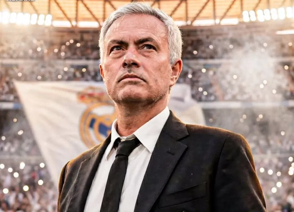 Jose Mourinho dengan latar belakang logo Real Madrid