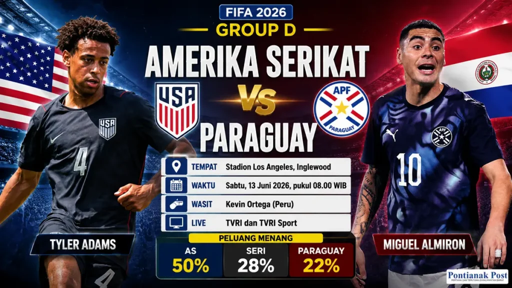 Infografis jadwal pertandingan Amerika Serikat vs Paraguay di Grup D Piala Dunia 2026, lengkap dengan prediksi persentase kemenangan kedua tim.
