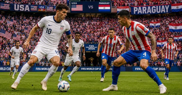 Aksi perebutan bola antara pemain timnas Amerika Serikat dan Paraguay dalam pertandingan fase grup Piala Dunia 2026.