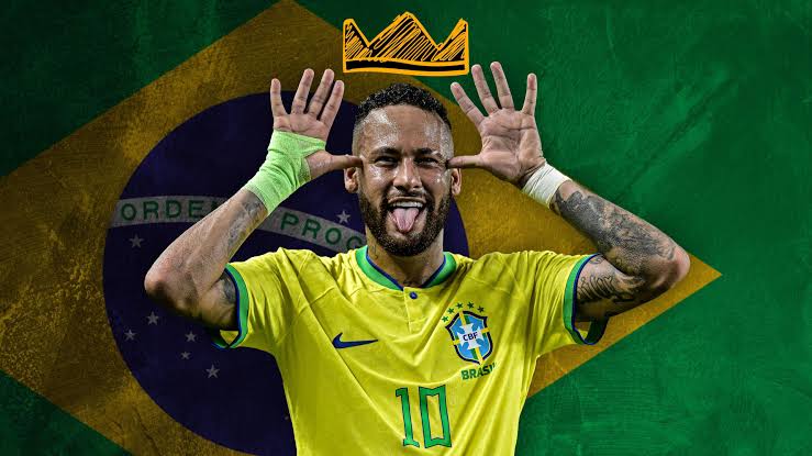 "Desain grafis Neymar Jr. mengenakan jersey kuning nomor 10 timnas Brasil sambil melakukan selebrasi menjulurkan lidah, berlatar belakang bendera Brasil dan efek visual mahkota emas di atas kepalanya."