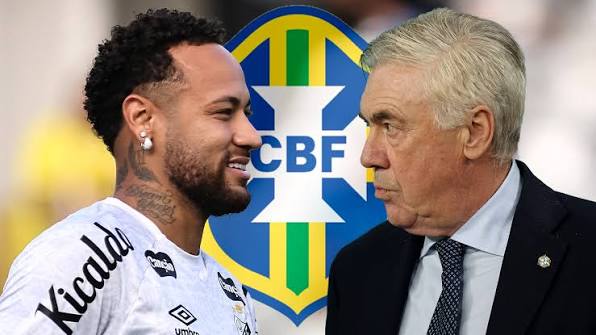 "Kolase foto Neymar Jr. tersenyum mengenakan jersey Santos FC bersanding dengan pelatih timnas Brasil, Carlo Ancelotti, berlatar belakang logo Federasi Sepak Bola Brasil (CBF)."