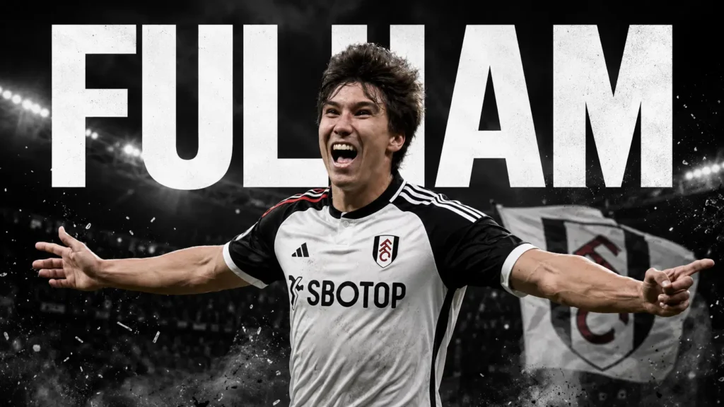 Gonzalo Garcia merayakan selebrasi dengan jersey Fulham berlatar belakang tulisan FULHAM.