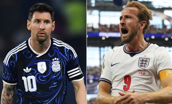 Kolase foto Lionel Messi menggunakan jersei Timnas Argentina dan Harry Kane menggunakan jersei Timnas Inggris.