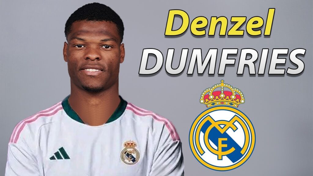 Foto Denzel Dumfries mengenakan jersi Real Madrid dengan latar belakang logo klub untuk pengumuman transfer resmi.