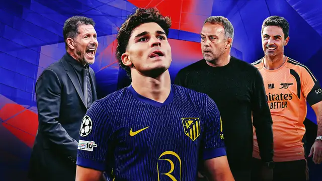 Julian Alvarez dengan latar belakang Diego Simeone dan Hansi Flick