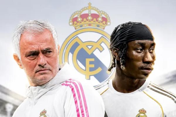 Jose Mourinho dan Yan Diomande dengan latar belakang logo Real Madrid.
