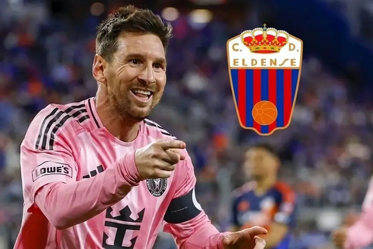 Lionel Messi berseragam Inter Miami tersenyum dengan logo klub Spanyol CD Eldense di sampingnya