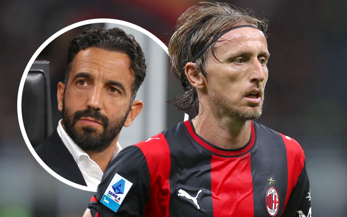 Luka Modric dalam jersey AC Milan dengan Ruben Amorim di latar belakang